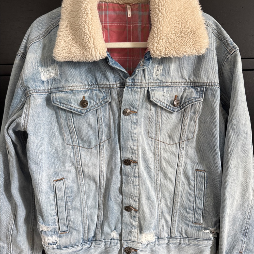 Free People Light Blue Denim Jacket with Sherpa Collar